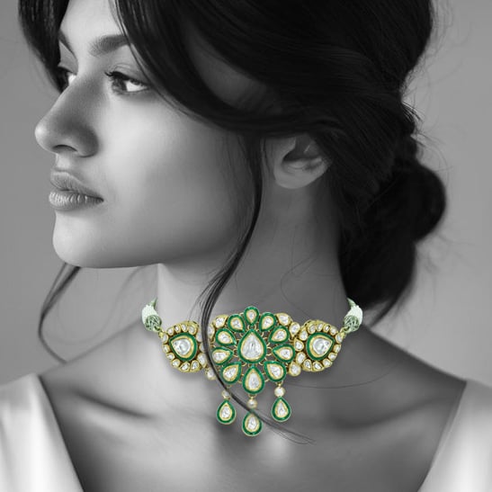 Polki Choker with Green Enamel, Floral Motif, and Teardrop Motif